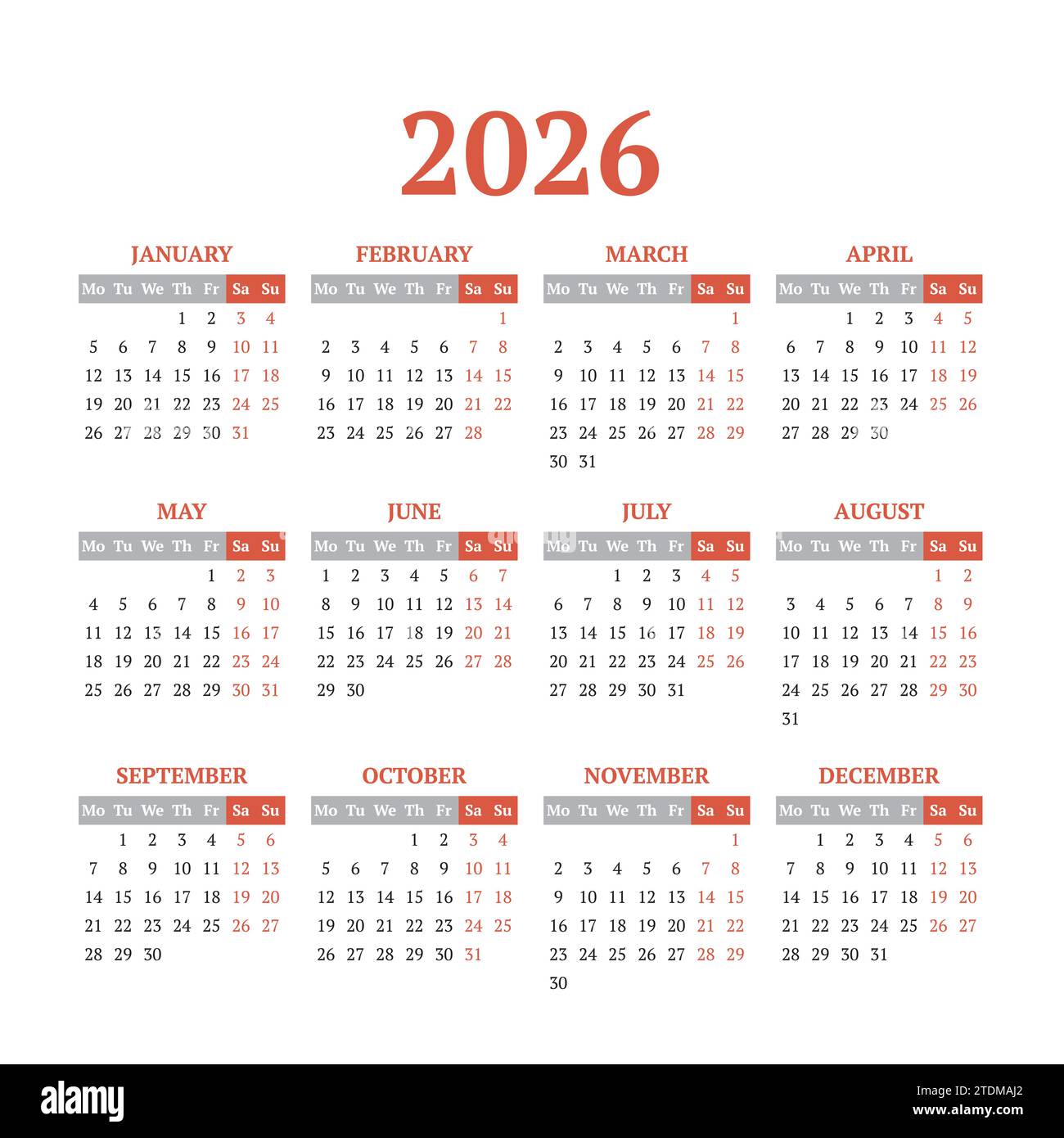 2026 simple vector calendar template. Weeks start on Monday Stock