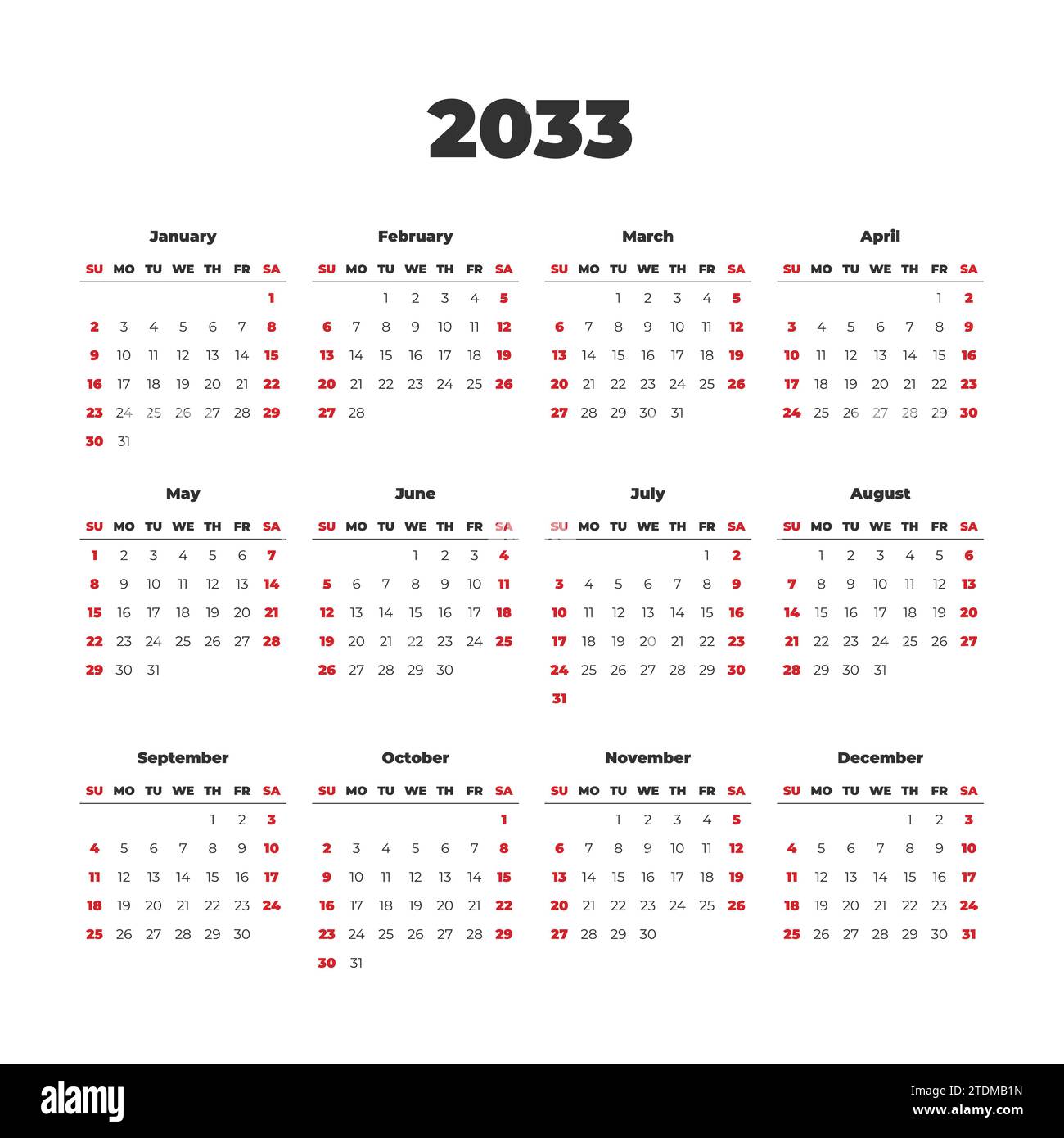 Simple vector calendar on 2033. Start from Sunday Stock Vector Image