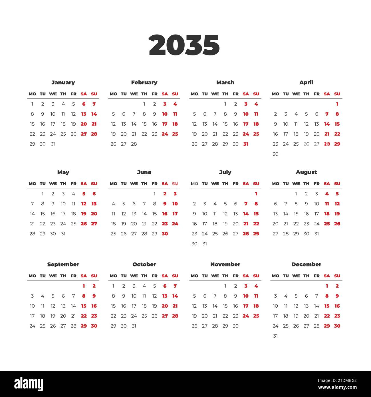 2035 simple vector calendar template. Weeks start on Monday Stock ...