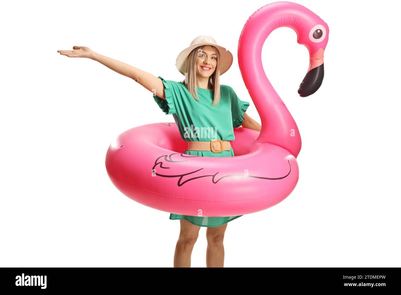 Young happy woman with a flamingo rubber ring isolated on white background Stock Photo