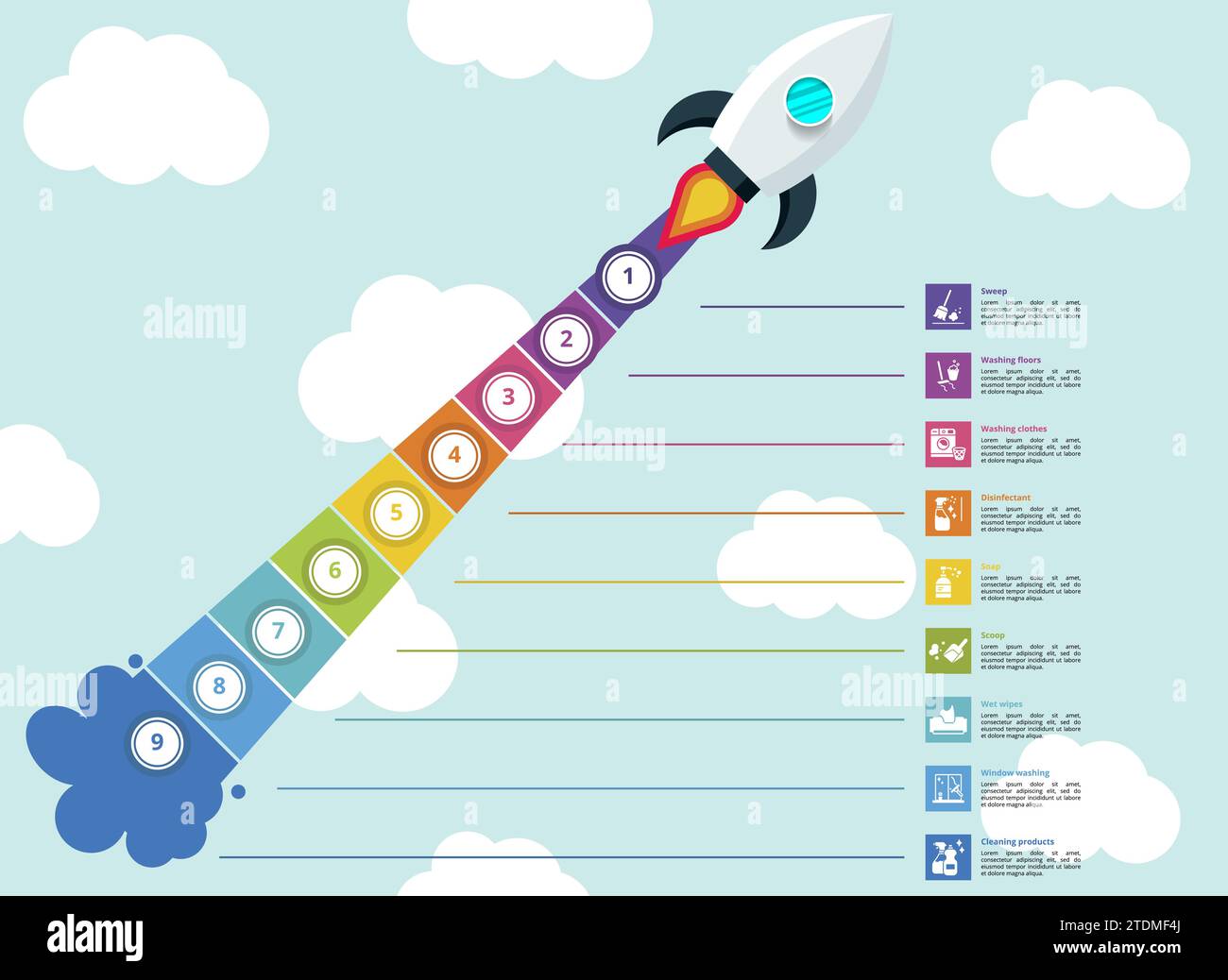 Infographics with Cleaning theme icons, 10 steps. Such as sweep ...