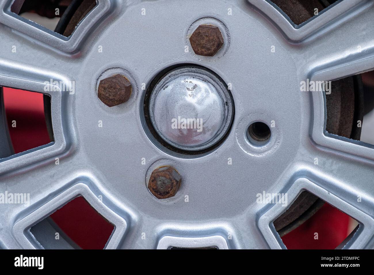 detail of the wheel hub cap of a vintage car Stock Photo