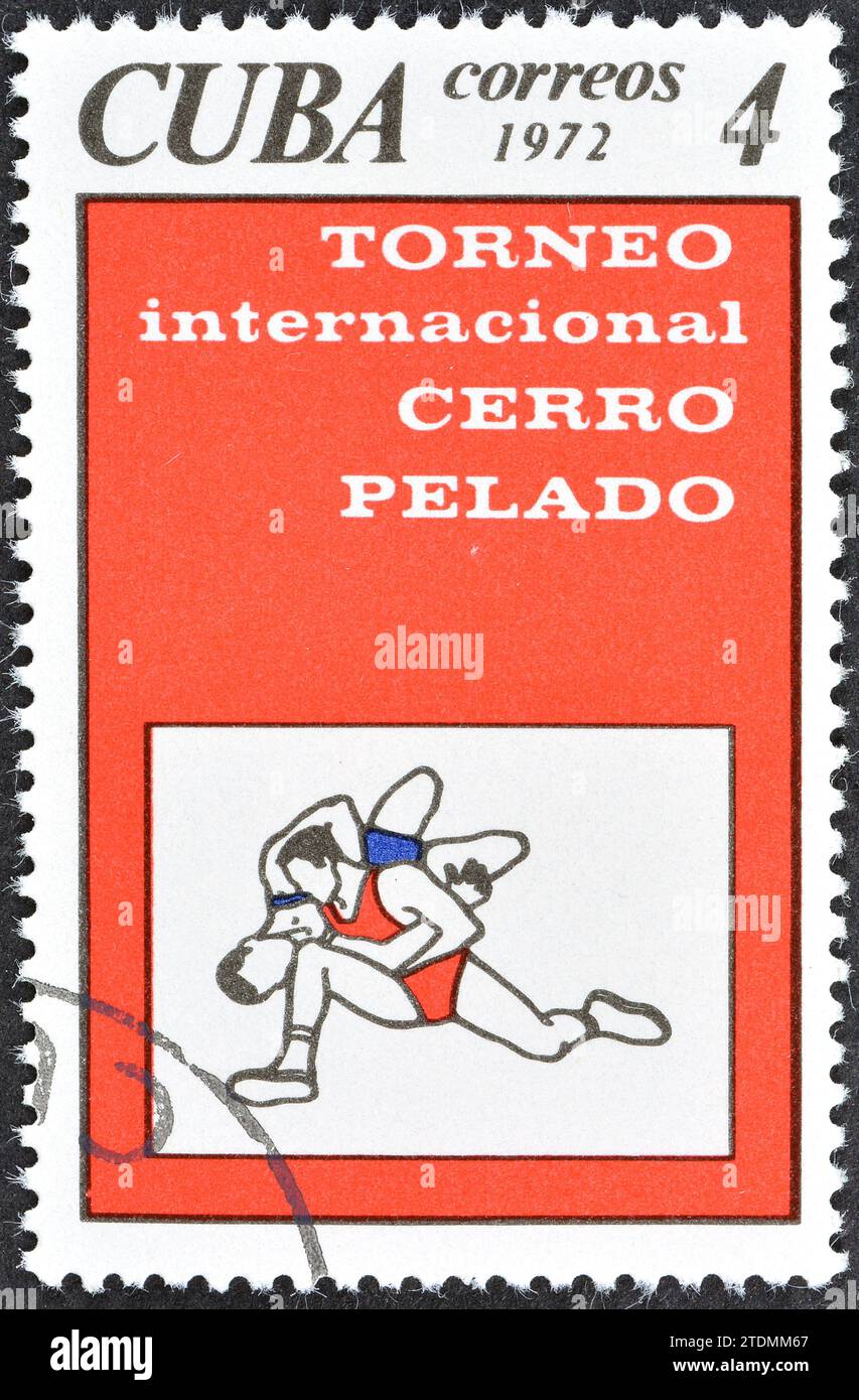 Cancelled postage stamp printed by Cuba, that shows Poster, Cerro Pelado International Wrestling Championships, circa 1972. Stock Photo