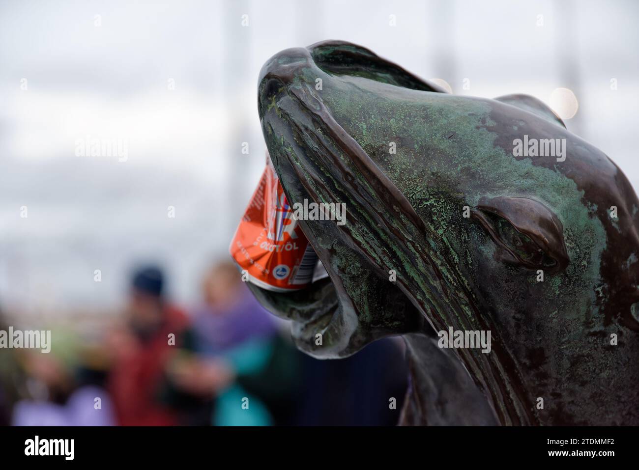 Helsinki, Finland - February 20, 2022: Compressed orange beer can struck to the mouth of a sea lion sculpture at the fountain surrounding the statue o Stock Photo