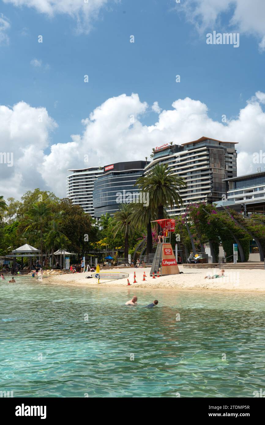 Public pool and artificial beach at South Bank Parklands, Brisbane, Australia Stock Photo