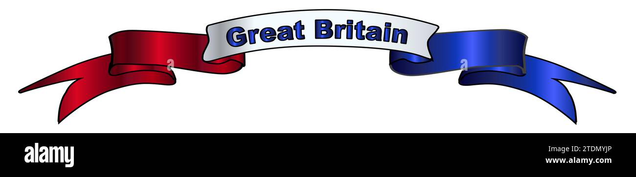 A red white and blue colors of the UK flag in satin or silk ribbon banner with the text Great Britain Stock Photo