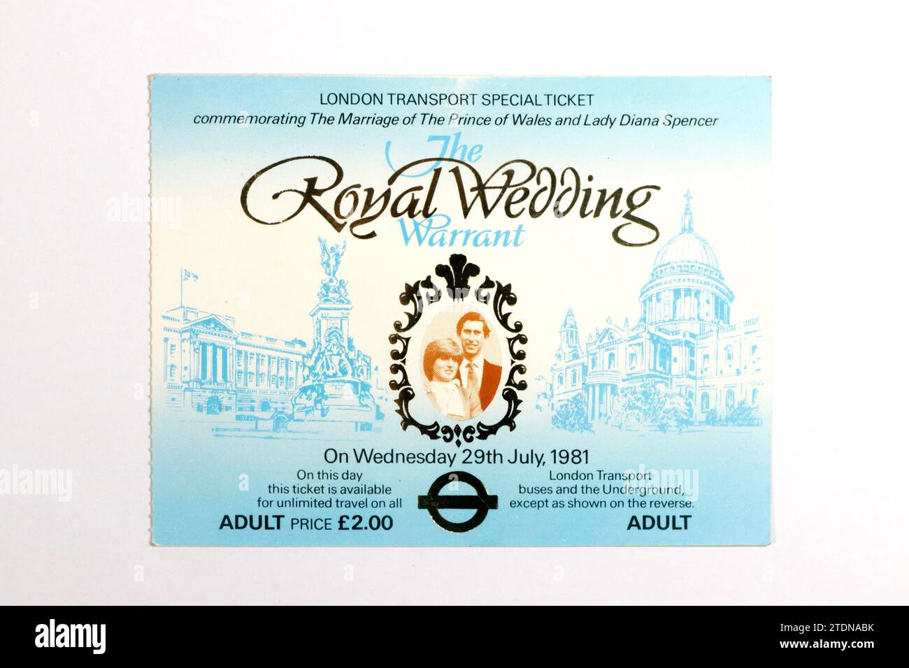 london transport special ticket commemorating royal wedding prince charles diana spencer underground buses 1981 isolated on white studio background Stock Photo
