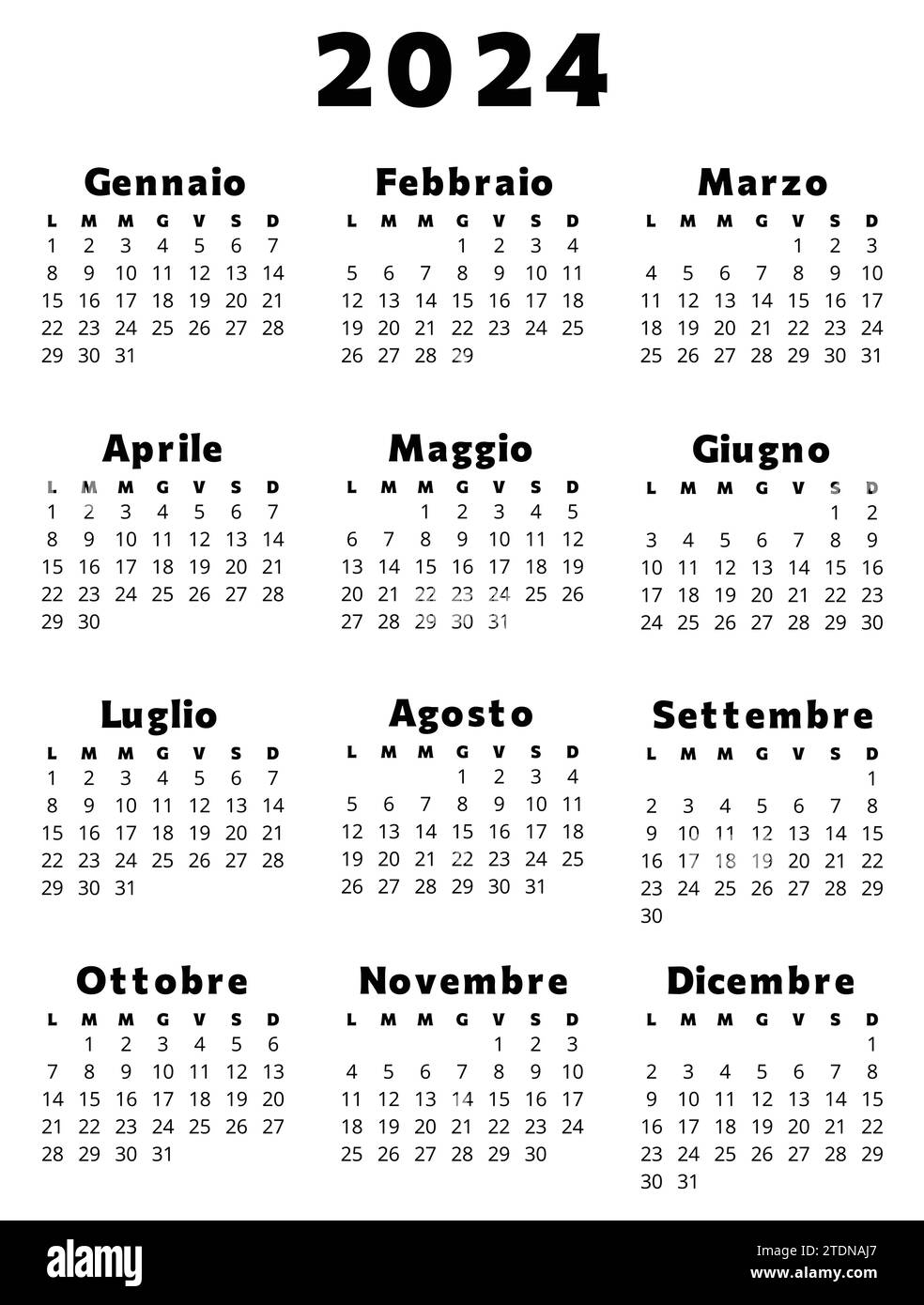 Italian Calendar For 2024 In Black Color Printable Editable Vector