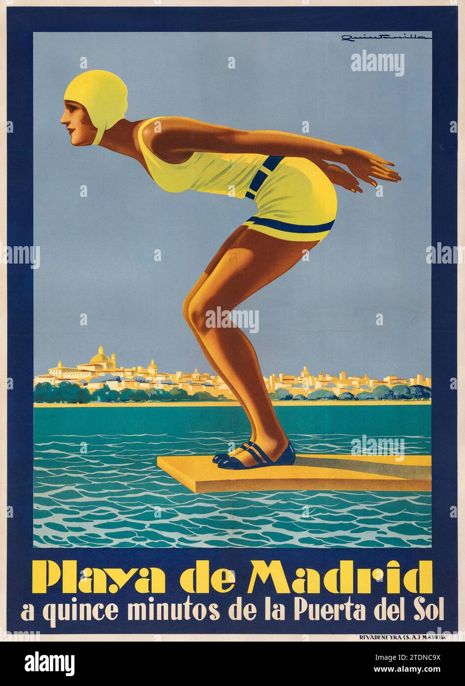 Playa de Madrid, Puerta del Sol - Travel poster for Madrid, 1932 - Women on trampoline about to dive in the ocean. Stock Photo
