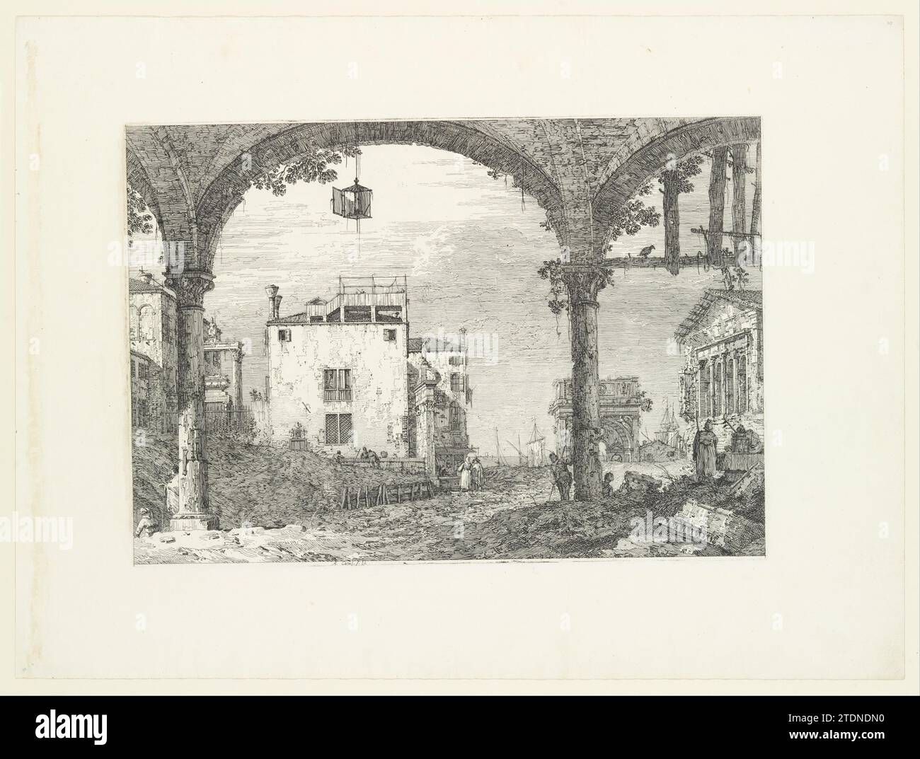 A three-arched portico with an open lantern hanging at center, a triumphal arch and ruins of a classical temple in the background, from 'Views' (Vedute altre prese da i luoghi altre ideate da Antonio Canal) 1918 by Joseph Smith Stock Photo