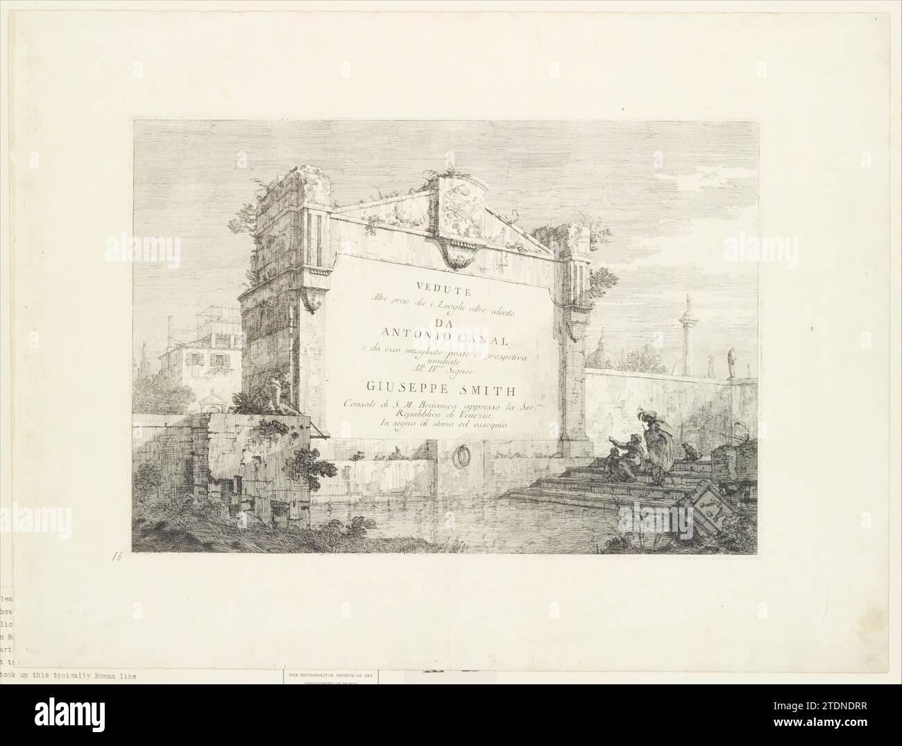 Title page with a large wall of a classical ruin, with a figure seated at right pointing to the dedication, from 'Views' (Vedute altre prese da i luoghi altre ideate da Antonio Canal) 1918 by Joseph Smith Stock Photo
