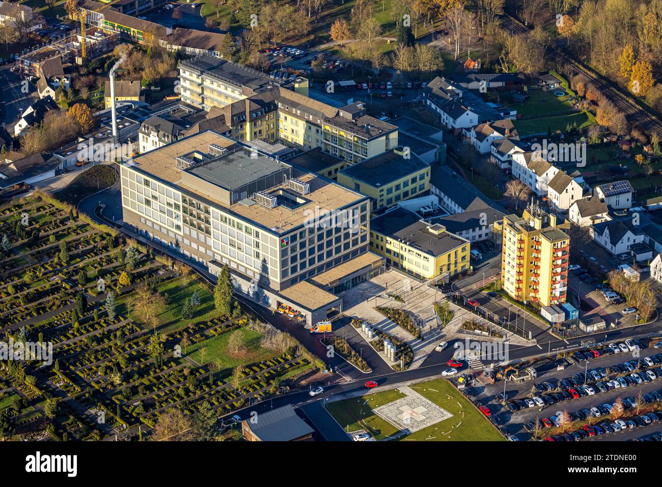 Aerial view, Klinikum Hochsauerland KarolinenHospital Hüsten, surrounded by autumnal Aerial view, Klinikum Hochsauerland KarolinenHospital Hüsten, surrounded by autumnal
