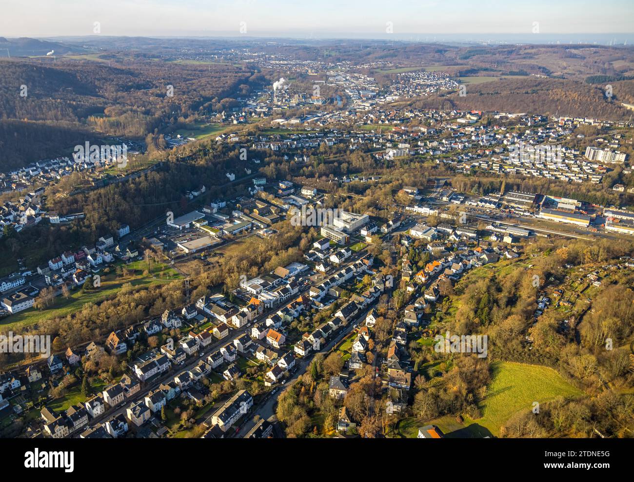 Aerial view, town view with housing estates, construction site for new Ruhr-Aue residential quarter, Rewe and Lidl supermarket and Arnsberg fire depar Stock Photo