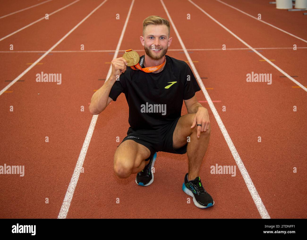 Scottish athlete Josh Kerr at Meadowbank, Edinburgh with the gold medal