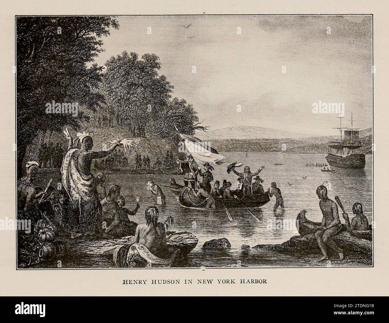 Henry Hudson in New York Harbor from the book A wonderland of the East, comprising the lake and mountain region of New England and eastern New York; a book for those who love to wander among beautiful lakes and rivers, valleys and mountains, or in places made famous by historic men and events; to which is added an afterword on the worth-while in this wonderland of the East, with some suggestions to motor-tourists on how best to find it by Kitchin, William Copeman. Publication date 1920 Publisher: The Page company Stock Photo