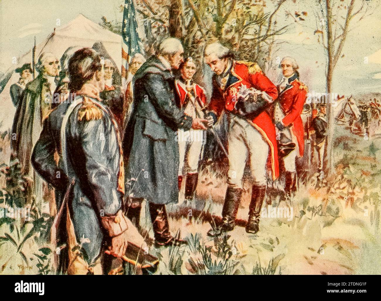 The Surrender of Burgoyne, after the Battle of Saratoga, October 17, 1777 From a Painting by F. C. Yohn. from the book A wonderland of the East, comprising the lake and mountain region of New England and eastern New York; a book for those who love to wander among beautiful lakes and rivers, valleys and mountains, or in places made famous by historic men and events; to which is added an afterword on the worth-while in this wonderland of the East, with some suggestions to motor-tourists on how best to find it by Kitchin, William Copeman. Publication date 1920 Publisher: The Page company Stock Photo