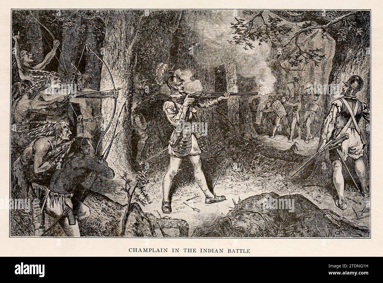 Champlain in the Indian Battle from the book A wonderland of the East, comprising the lake and mountain region of New England and eastern New York; a book for those who love to wander among beautiful lakes and rivers, valleys and mountains, or in places made famous by historic men and events; to which is added an afterword on the worth-while in this wonderland of the East, with some suggestions to motor-tourists on how best to find it by Kitchin, William Copeman. Publication date 1920 Publisher: The Page company Stock Photo