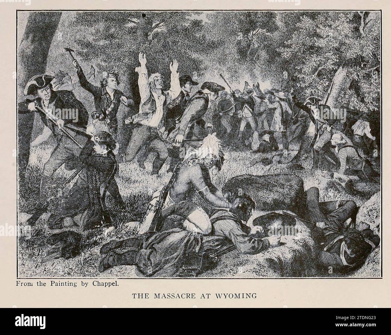 The Massacre at Wyoming from the book A wonderland of the East, comprising the lake and mountain region of New England and eastern New York; a book for those who love to wander among beautiful lakes and rivers, valleys and mountains, or in places made famous by historic men and events; to which is added an afterword on the worth-while in this wonderland of the East, with some suggestions to motor-tourists on how best to find it by Kitchin, William Copeman. Publication date 1920 Publisher: The Page company Stock Photo