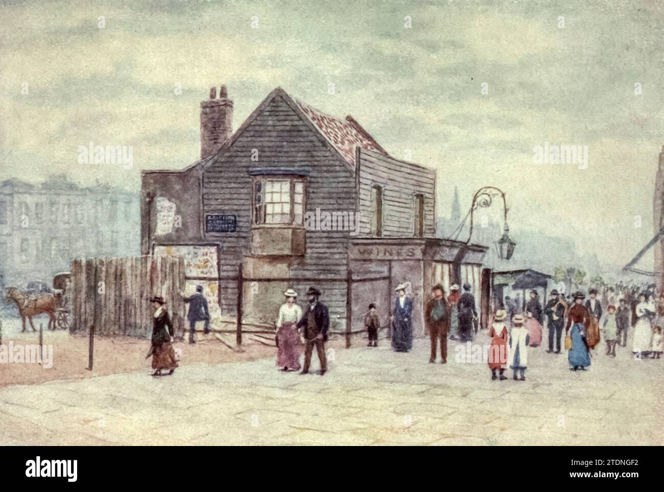 Vine Tavern, Mile End, looking West, 1903 from the book ' London vanished and vanishing ' by Norman, Philip, 1842-1931 Published in 1905 in London by Adam & Charles Black Philip E Norman FSA (9 July 1842 – 17 May 1931) was a British artist, author and antiquary. Stock Photo