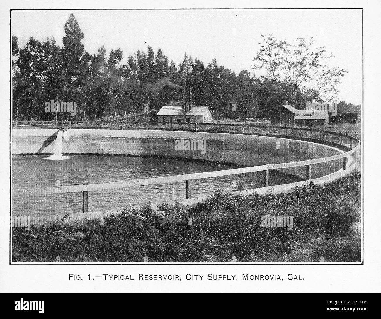Typical reservoir, city supply, Monrovia, CA from the book ' The storage of water for irrigation purposes ' by Fortier, Samuel; Bixby, F. L; United States. Office of Experiment Stations; United States. Department of Agriculture Stock Photo