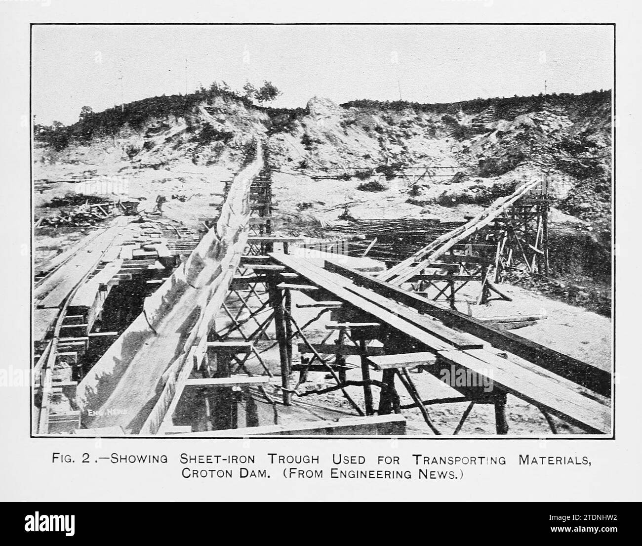 Showing sheet-iron trough used for transporting materials, Croton Dam