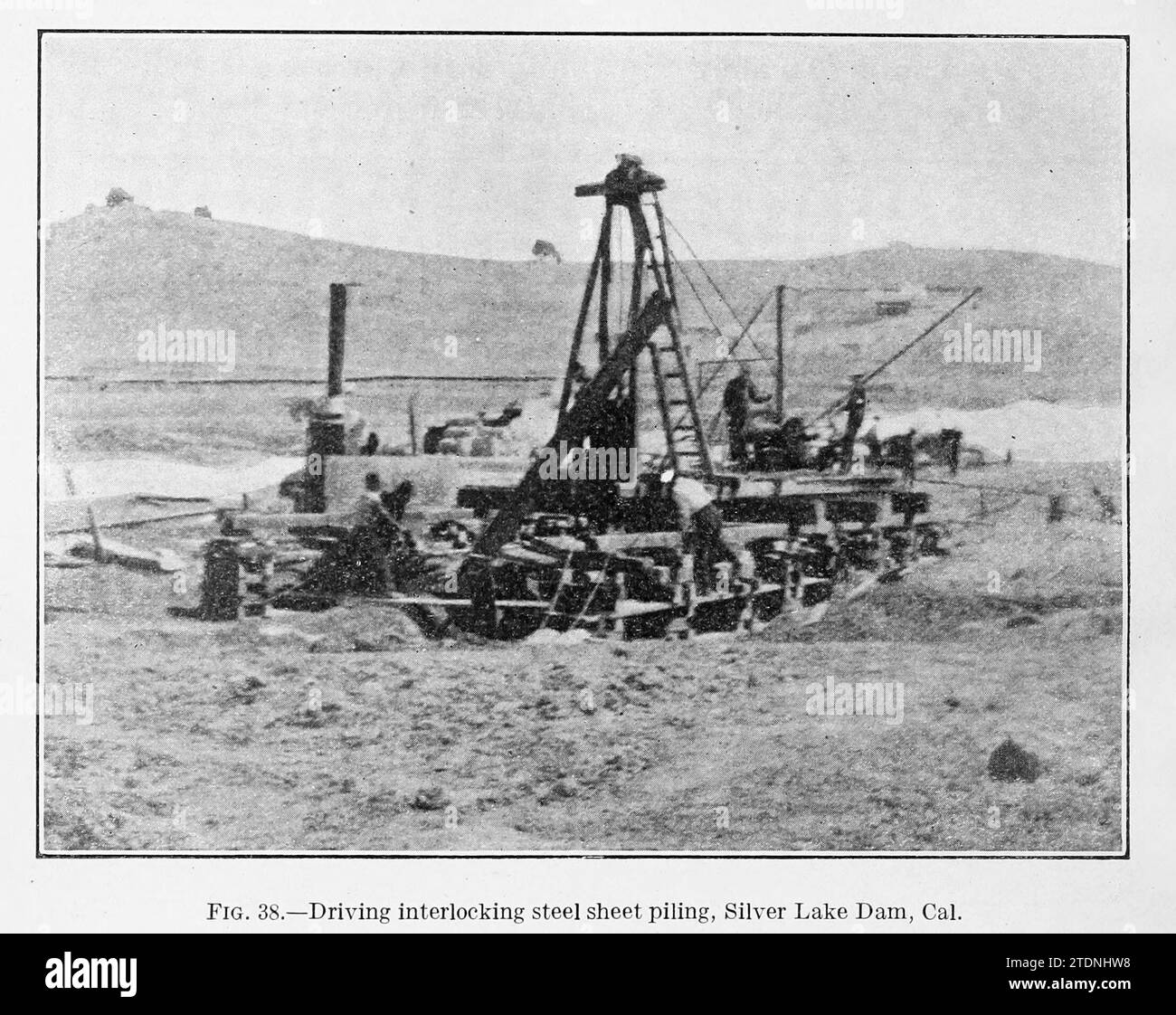 Driving interlocking steel sheet piling, Silver Lake Dam, CA from the book ' The storage of water for irrigation purposes ' by Fortier, Samuel; Bixby, F. L; United States. Office of Experiment Stations; United States. Department of Agriculture Stock Photo