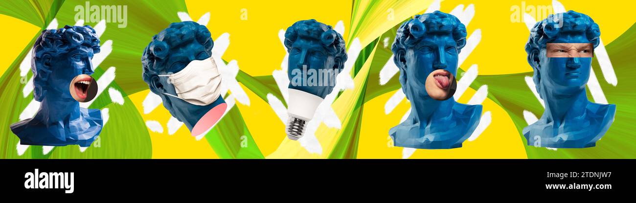 Set with blue antique statue head with human hands elements over multicolored abstract background. Contemporary art collage. Creative banner Stock Photo