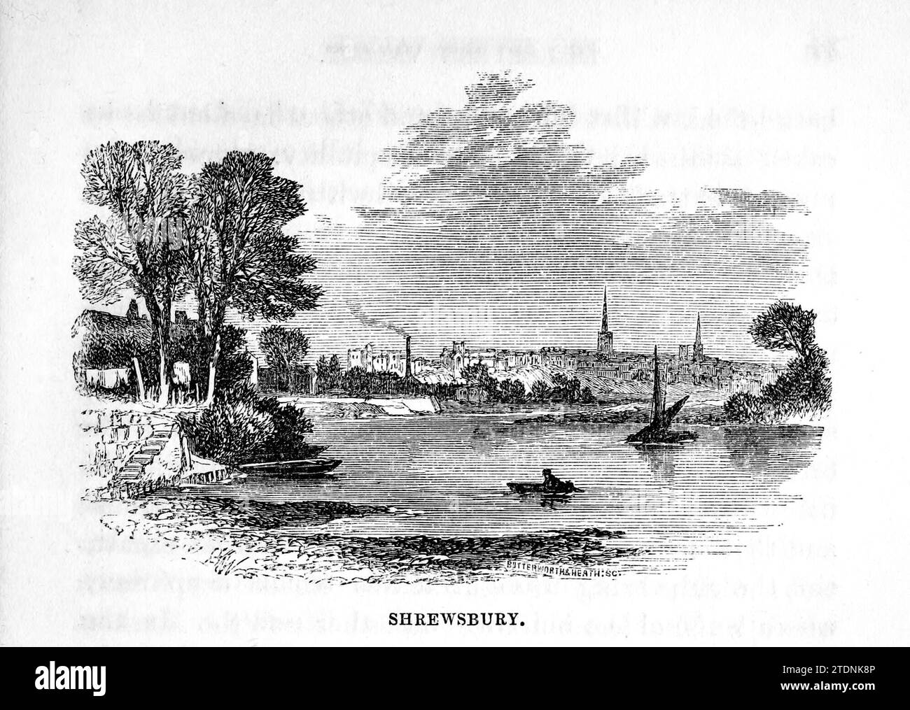 Shrewsbury is a market town, civil parish and the county town of Shropshire, England, on the River Severn, from the book The Severn valley: a series of sketches, descriptive and pictorial, of the course of the Severn: containing notices of its topographical, industrial, and geological features; with glances at its historical and legendary associations by Randall, John, 1810-1910 Publication date 1862 Publisher J. S. Virtue Stock Photo