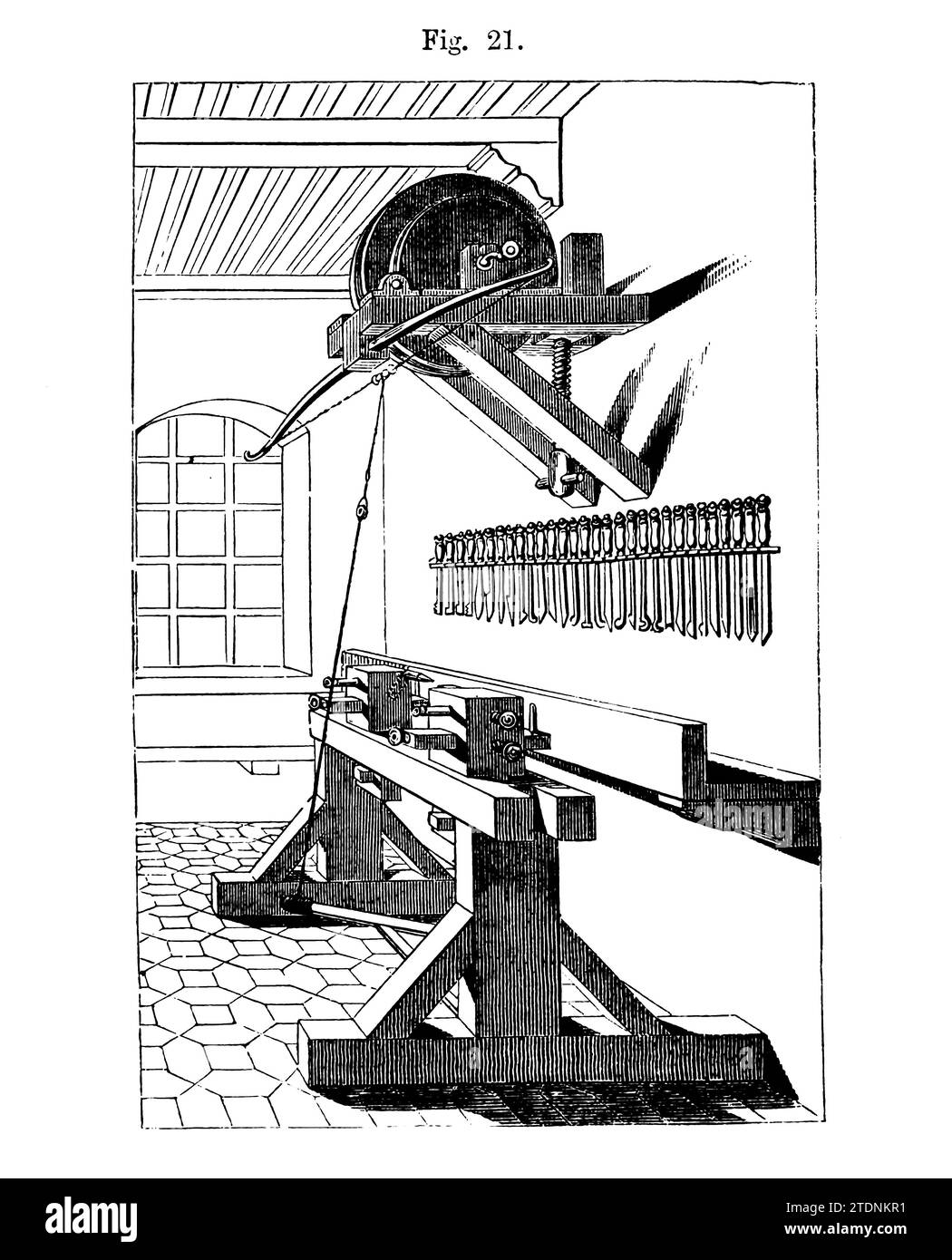 18th century ARCHERY BOW AND WHEEL Lathe from the book Turning and mechanical manipulation intended as a work of general reference and practical instruction on the lathe, and the various mechanical pursuits followed by amateurs Volume 4 by Charles Holtzapffel (1806–1847) published 1850 by The Holtzapffel Company of tool and lathe makers Stock Photo