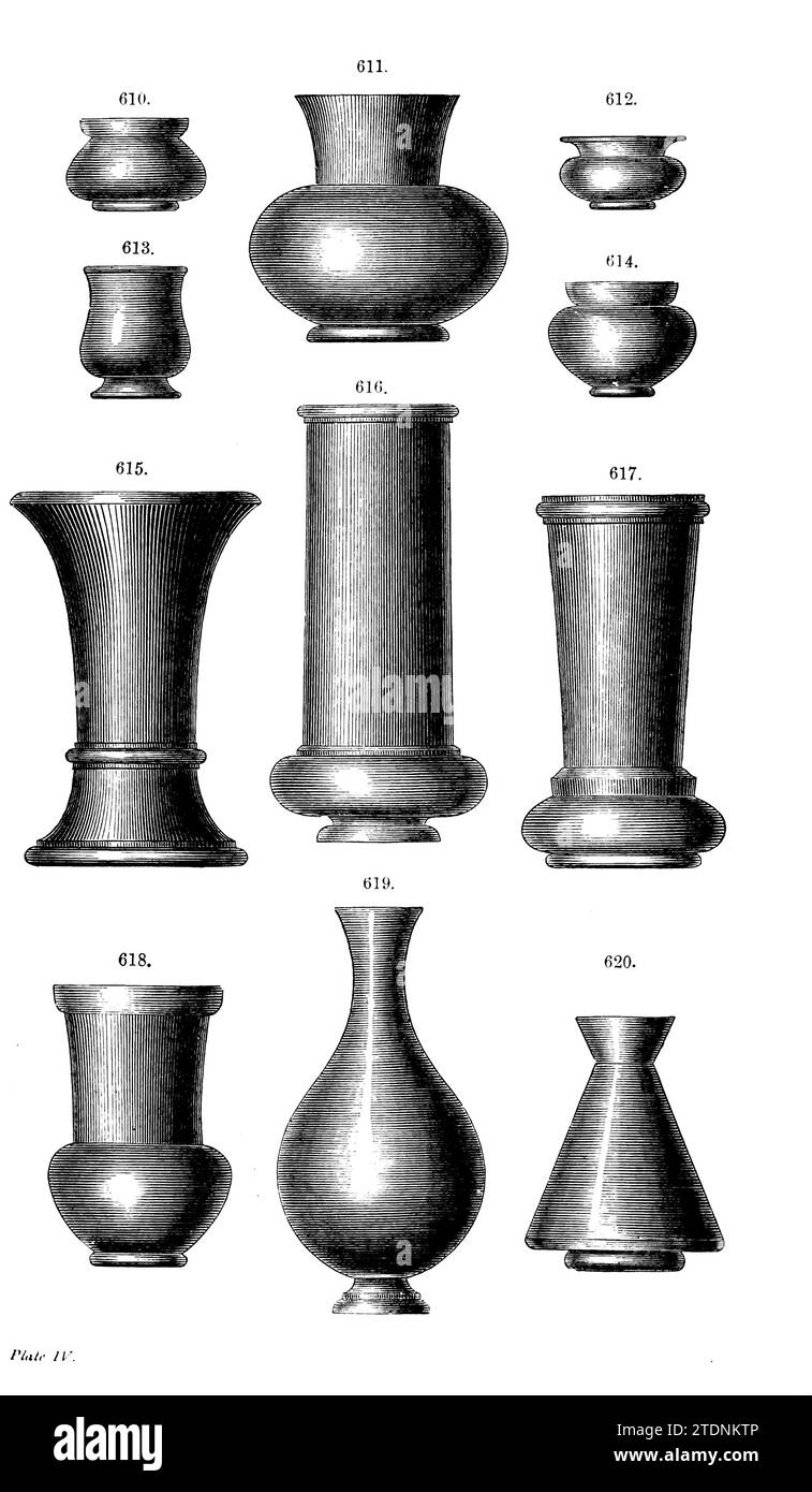 FLOWER AND SPILL HOLDERS. SALT CELLARS from the book Turning and mechanical manipulation intended as a work of general reference and practical instruction on the lathe, and the various mechanical pursuits followed by amateurs Volume 4 by Charles Holtzapffel (1806–1847) published 1850 by The Holtzapffel Company of tool and lathe makers Stock Photo