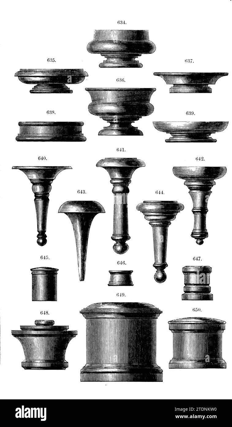 BOUQUET HOLDERS, TOILET BOXES AND TRAYS from the book Turning and mechanical manipulation intended as a work of general reference and practical instruction on the lathe, and the various mechanical pursuits followed by amateurs Volume 4 by Charles Holtzapffel (1806–1847) published 1850 by The Holtzapffel Company of tool and lathe makers Stock Photo