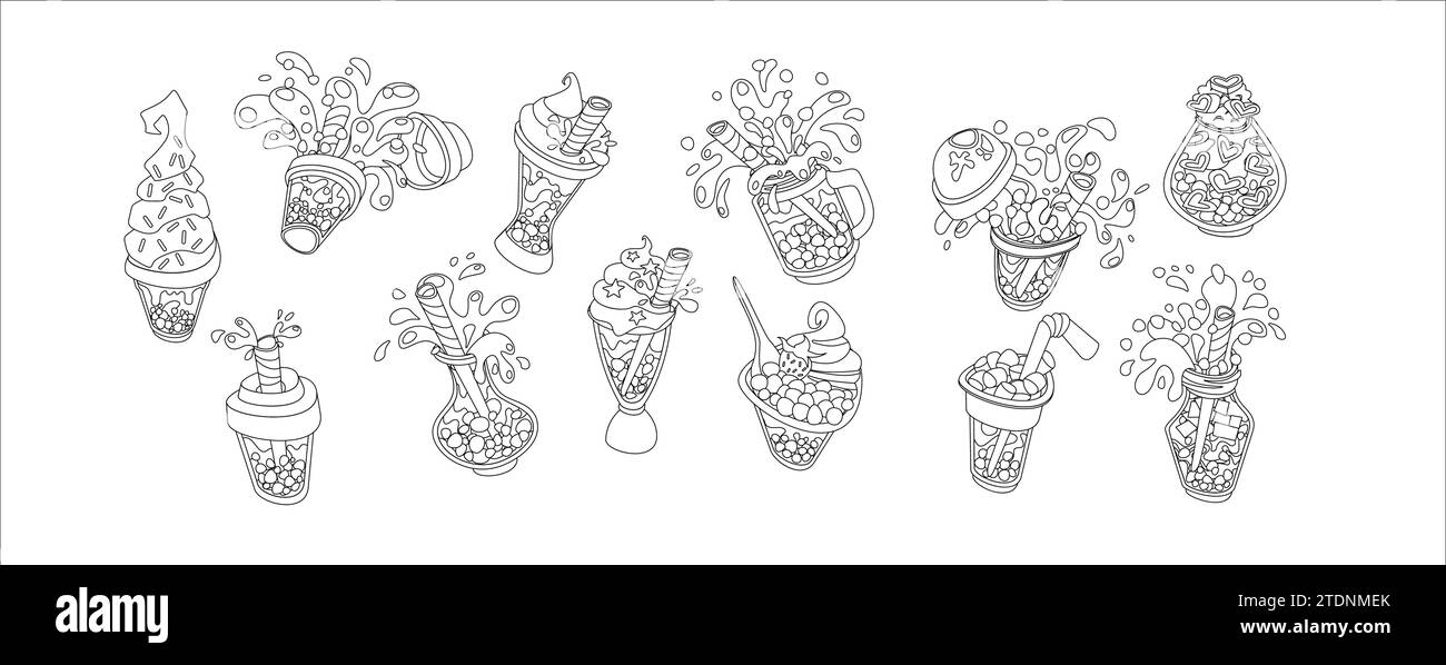 Bubble tea cocktails line vector illustrations big set. Tasty summer beverages pack of linear objects for cafe menu on white background Stock Vector