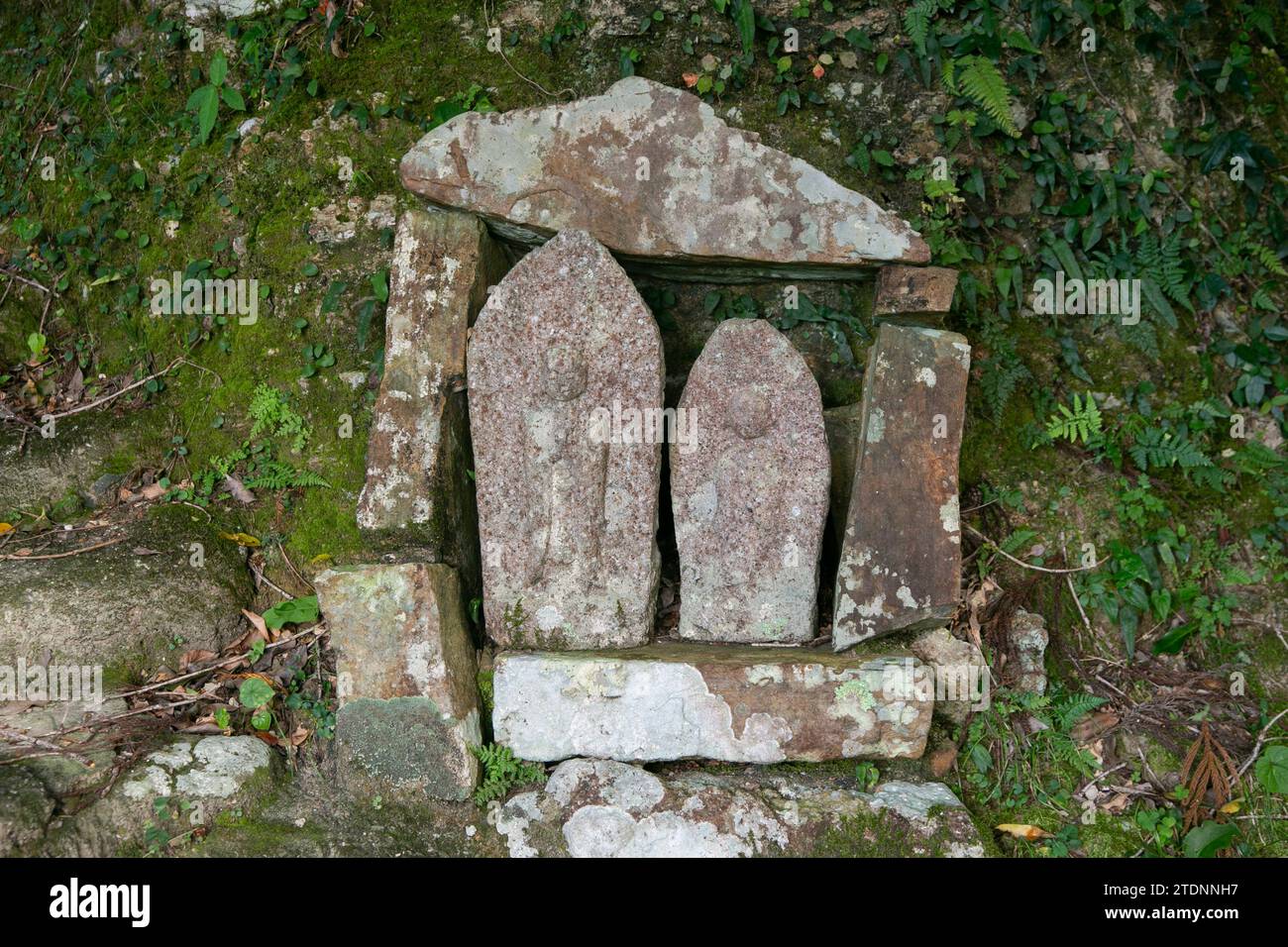 Carved stone monoliths at a Japanese shrine in Wakayama Prefecture in