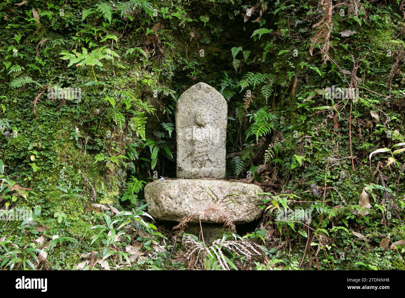 Carved stone monoliths at a Japanese shrine in Wakayama Prefecture in Japan. Stock Photo