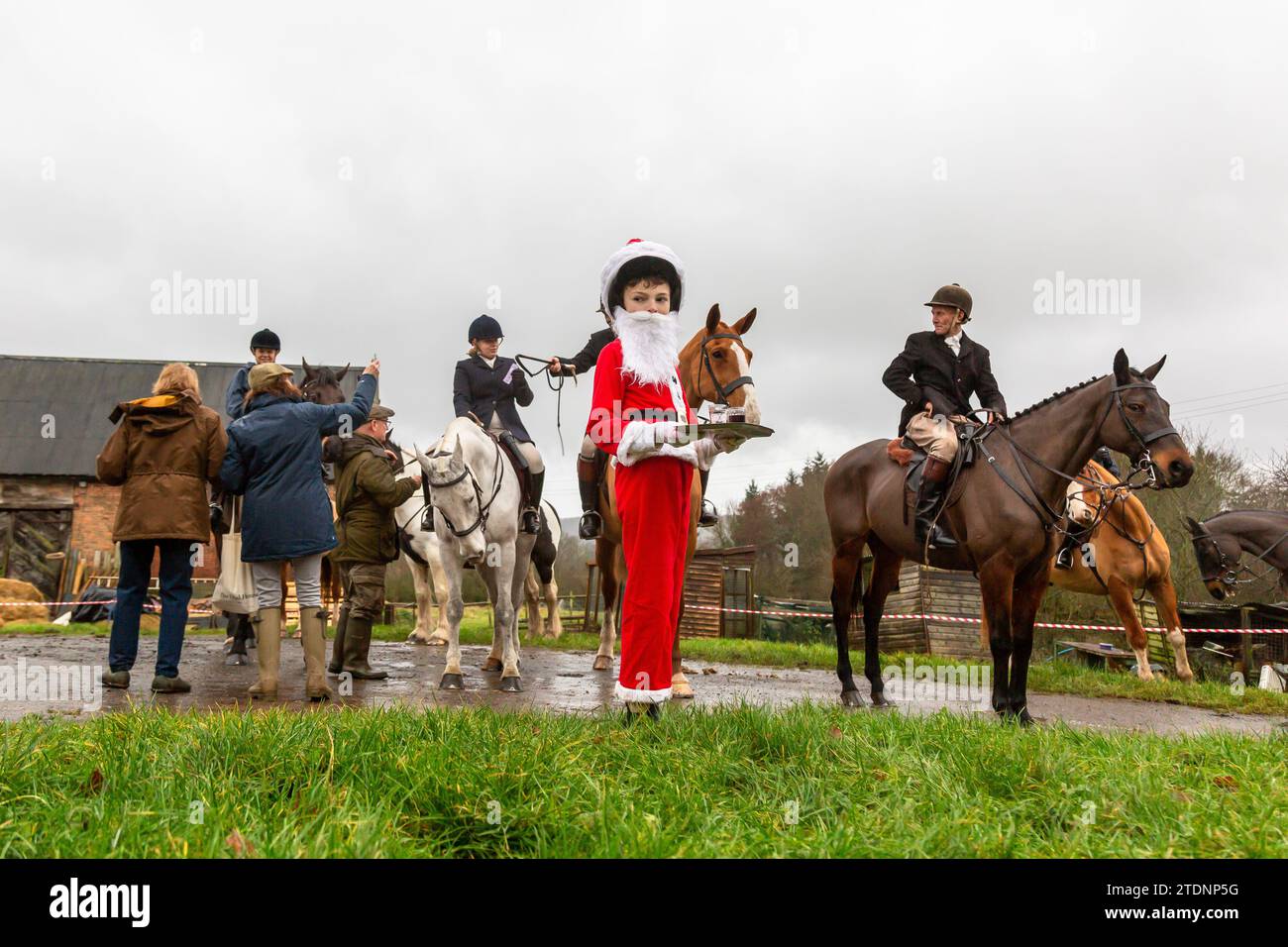 Upper Arley, Kidderminster, Worcestershire, UK. 19th Dec, 2023. 10-year-old Henley Mills dressed as Santa Claus hands out the traditional glass of port to members of the Albrighton and Woodland hunt as they have a lawn meet and trail ride from a farm in Upper Arley, near Kidderminster in Worcestershire. Credit: Peter Lopeman/Alamy Live News Stock Photo