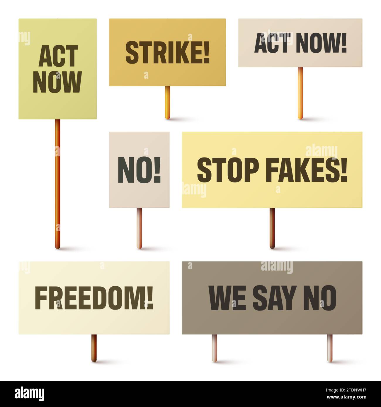 Colorful protest signs with slogan on wooden holder. Realistic vector