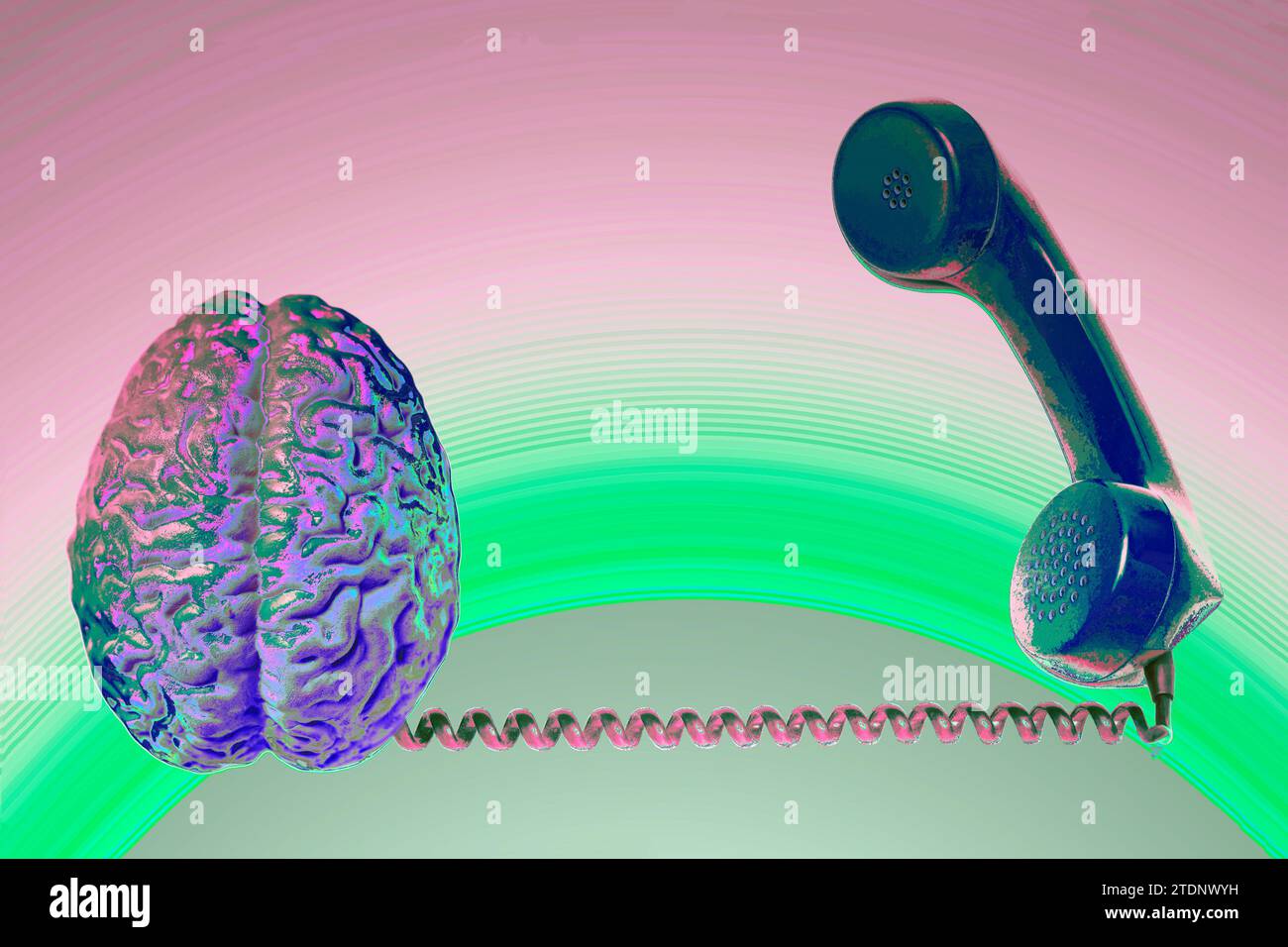 Telephone receiver with human brain anatomical model isolated on white