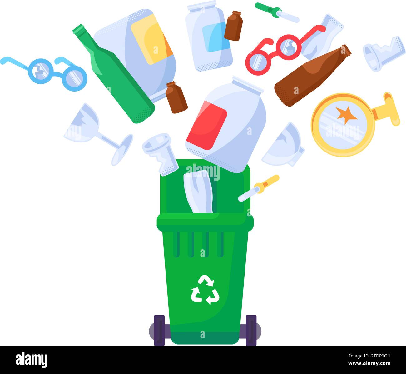 Old unwanted broken glass bottles fall into open trash can. Heap of