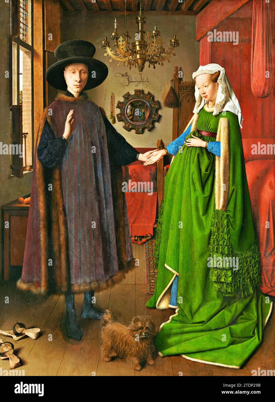 Arnolfini Portrait, 1434 (oil on oak) by Artist Eyck, Jan van (c.1390-1441) / Netherlandish. Stock Vector