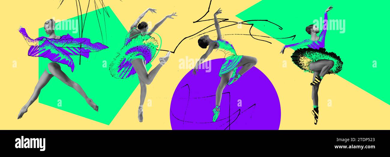 Elegant women, ballet dancers performing over colorful abstract ...