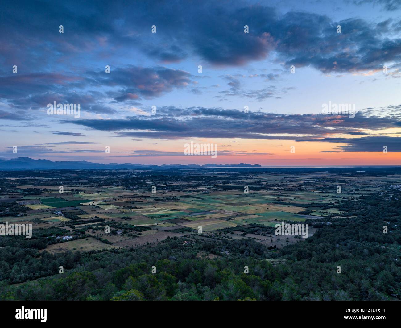 Aerial view from the sanctuary of Bonany at sunrise (Majorca, Balearic Islands, Spain) ESP: Vista aérea desde el santuario de Bonany al amanecer Stock Photo