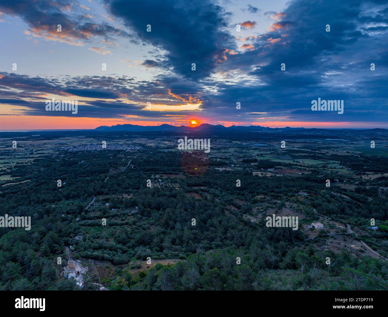 Aerial view from the sanctuary of Bonany at sunrise (Majorca, Balearic Islands, Spain) ESP: Vista aérea desde el santuario de Bonany al amanecer Stock Photo