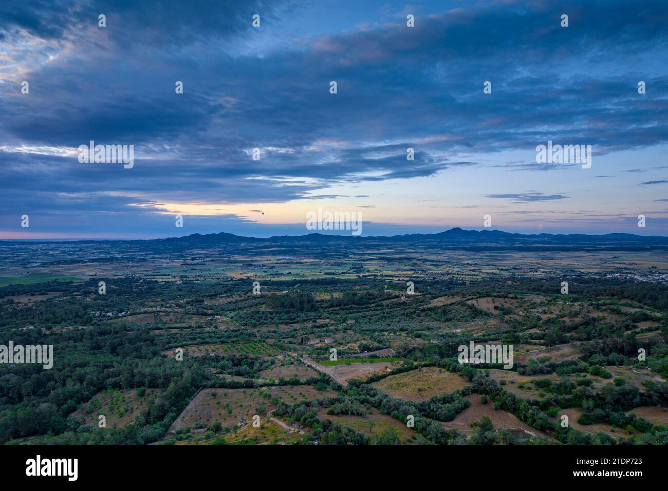 Aerial view from the sanctuary of Bonany at sunrise (Majorca, Balearic Islands, Spain) ESP: Vista aérea desde el santuario de Bonany al amanecer Stock Photo