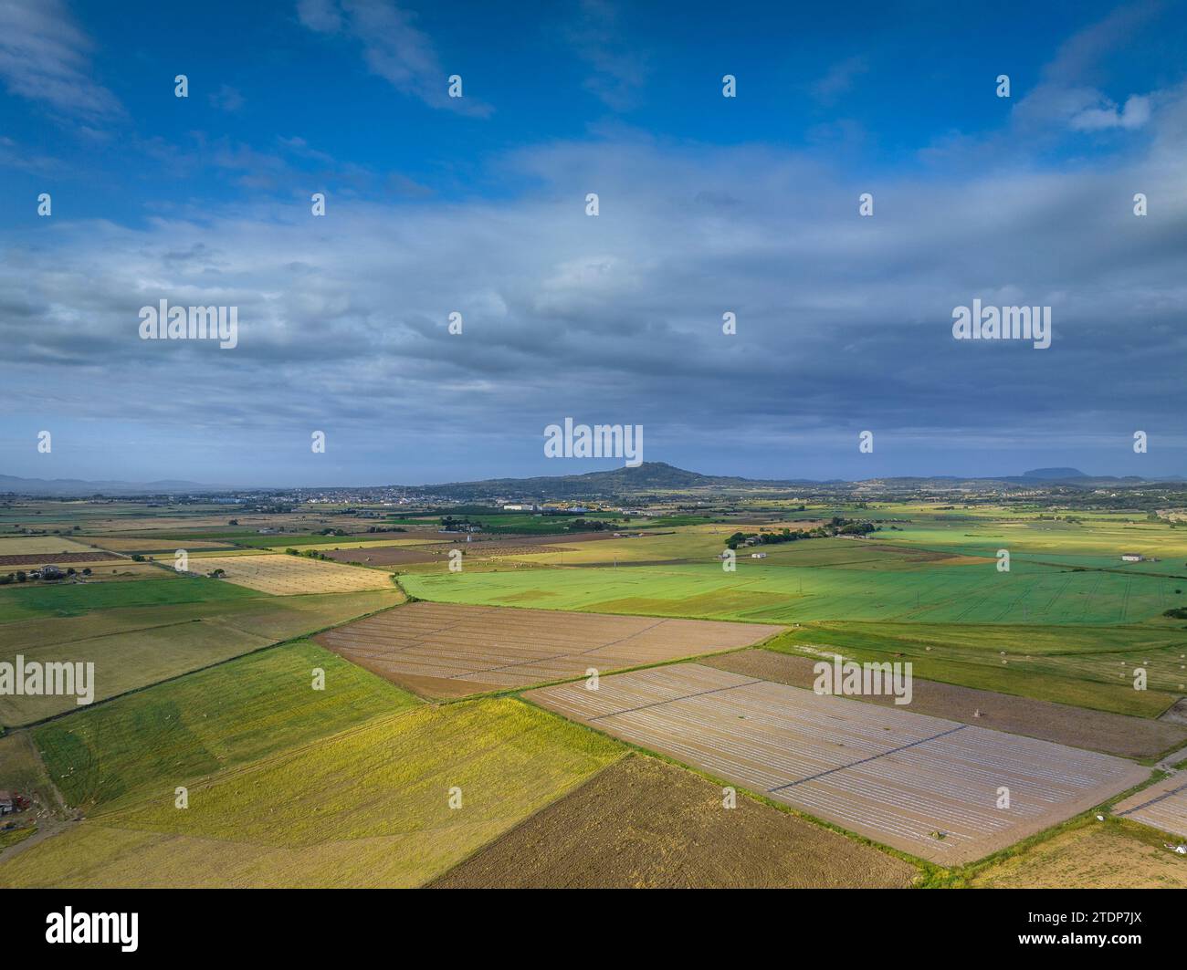 Aerial view of fields and agricultural environments near the village of Ariany in spring (Mallorca, Balearic Islands, Spain) Stock Photo
