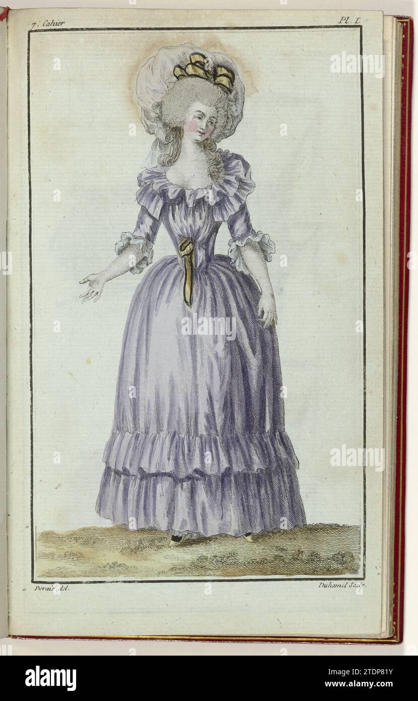 Cabinet of modes or new modes, February 15, 1786, 7th notebook, pl. I, A.B. Duhamel, After Desrais, 1786 Woman in Négligé. According to the accompanying text, she is wearing a 'new Robe and Chemise'. On the head a 'Bonnet and Pouf' by Gaze d'Italie ', garnished with a bow in' Queue-de-Serin '. Double collar and large strips (Falbala) from a taf side in light purple. Cuffs of linen. The dress is closed from the front with a bow in 'Queue-de-Serin'. Satin shoes in the same color, with a strip of black ribbon on the instep. The print is part of the 7th Cahier from Cabinet des Modes Ou Les Modes N Stock Photo