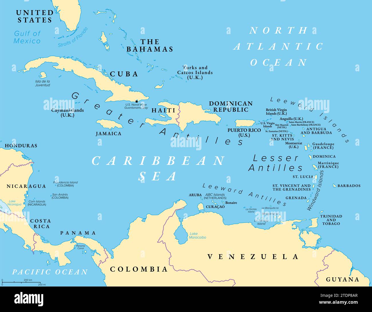 The Caribbean Sea and its islands, political map. The Caribbean, a subregion of the Americas, with the West Indies. Stock Photo