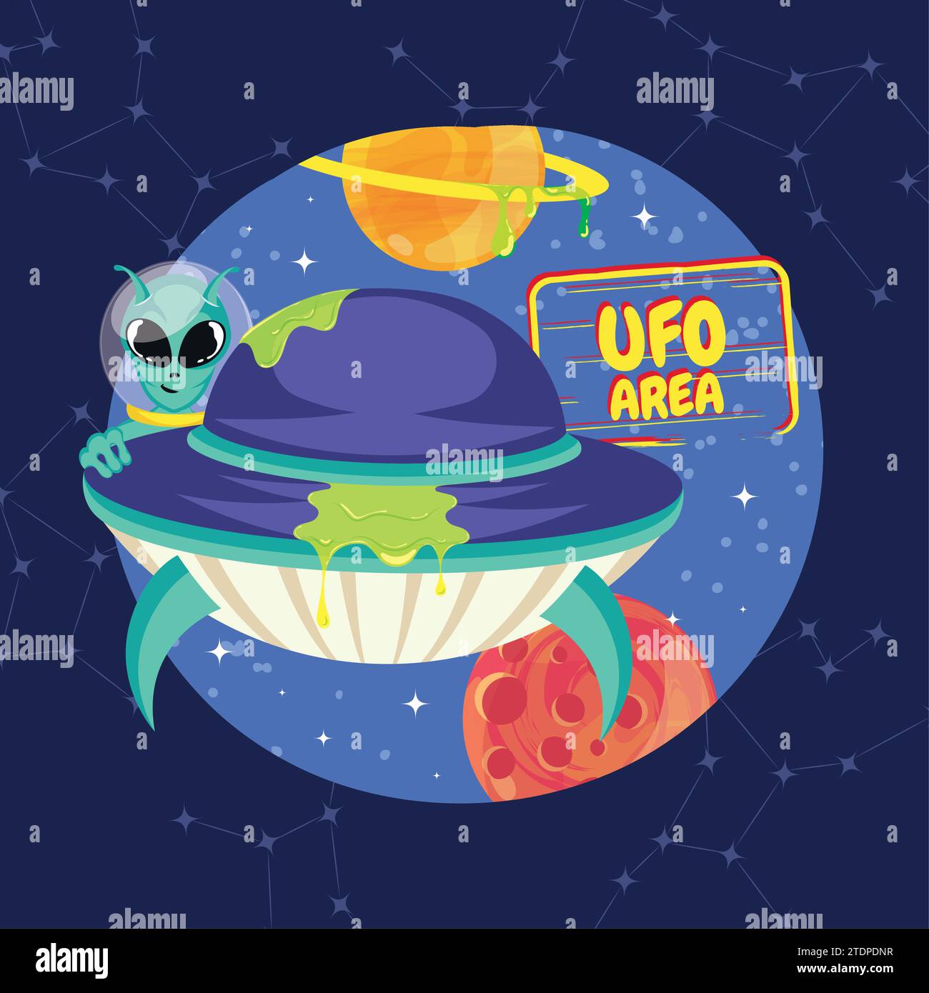 Cute cartoon alien UFO sticker Vector Stock Vector Image & Art - Alamy