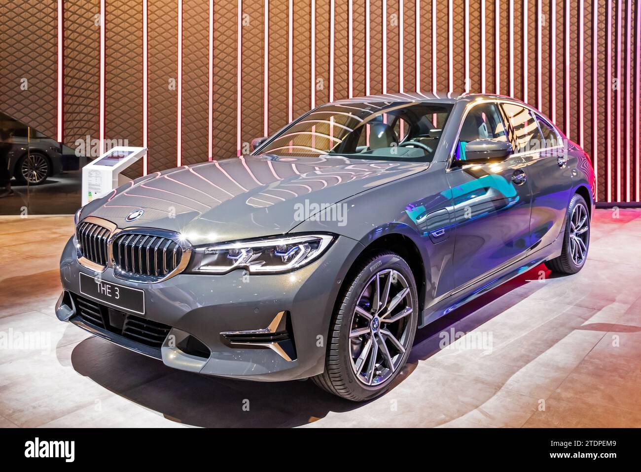BMW 3 series car showcased at the IAA Mobility 2021 motor show in Munich, Germany - September 6, 2021. Stock Photo