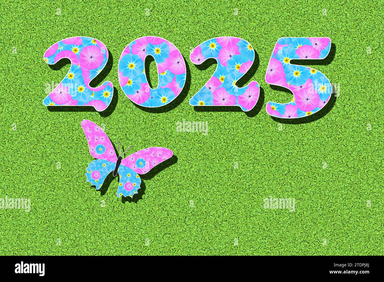 The year 2025 written with pink and light blue flowers, baby colour, on a green background with