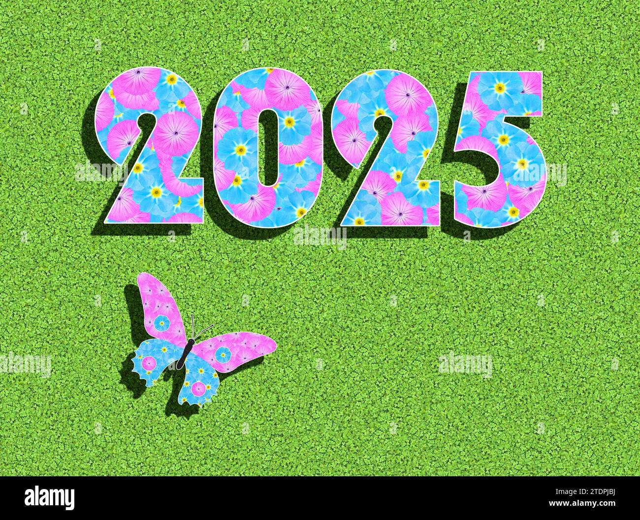The year 2025 written with pink and light blue flowers, baby colour, on